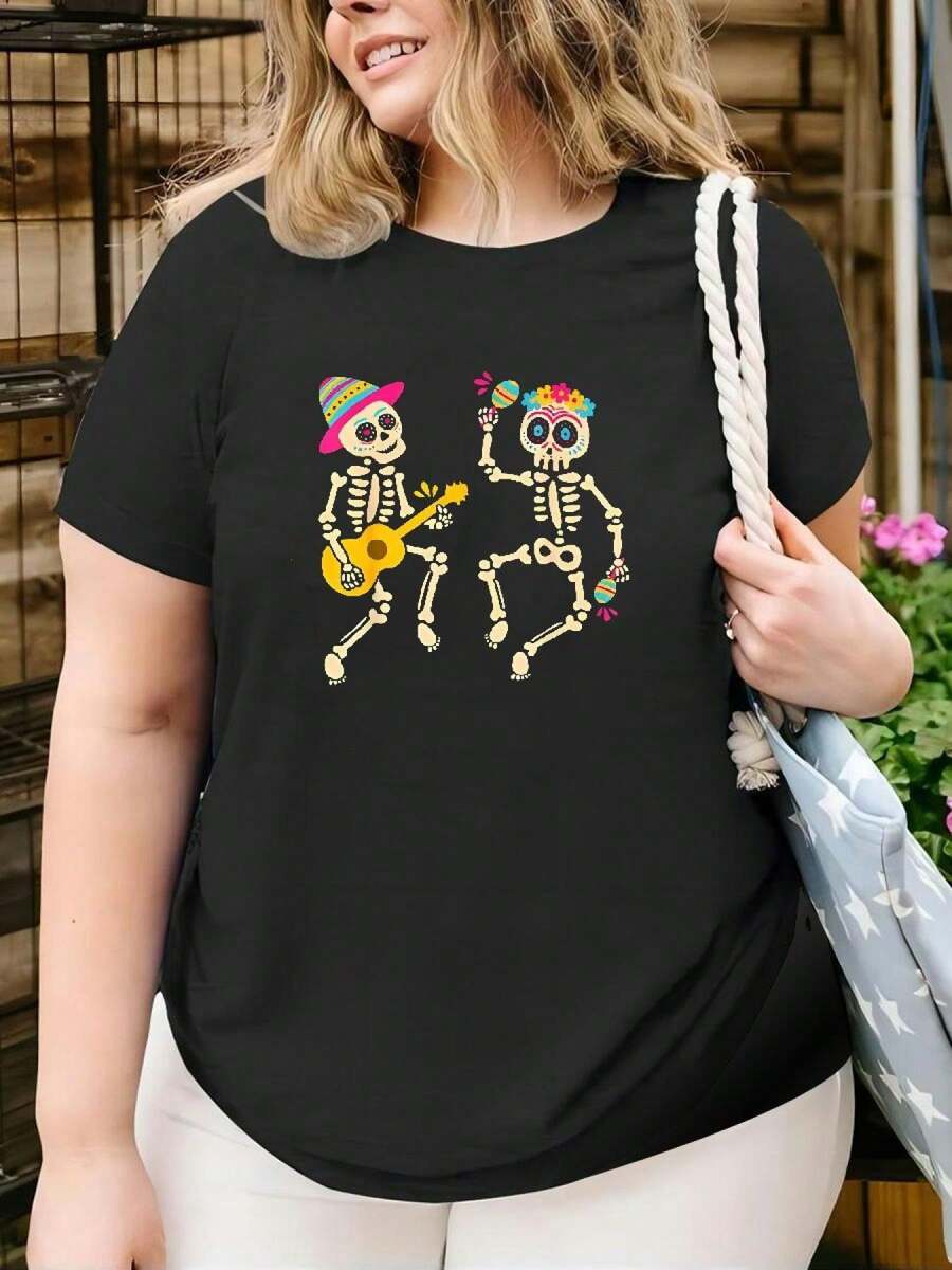 Plus Size T-Shirt With Dancing Skeleton Skull For Day Of The Dead - 黑色 - View 1