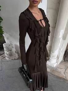 Women's Autumn Dress, European Style, Long Sleeve With Ruffles, Ties, Fitted Waist, Elegant And Modern Fashion - 棕色 - 查看 7