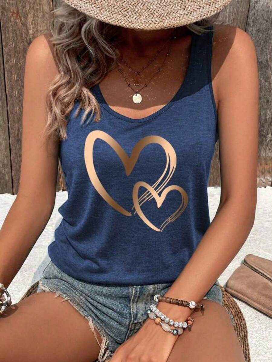 Heart Pattern Summer Casual Tank Top Graphic Tees Women Tops Blue Summer Sleeveless Vest - 藏蓝色 - 查看 1