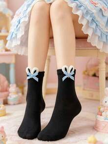 1/2/4 Pairs Women's Handmade Cute Rabbit Ear, Bowknot, Lolita Style Mid-Calf Socks - Multicolor - View 5