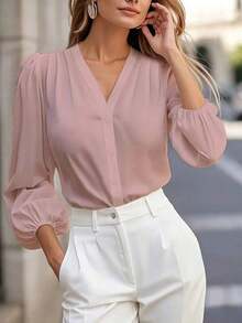 Blusa de mujer de unicolor con cuello en V y manga larga, elegante y esencial para el trayecto de primavera - Rosa - Ver 2