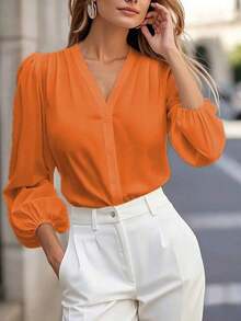 Blusa de manga larga con cuello en V de unicolor para mujer, elegante y esencial para el trayecto de primavera - Naranja - Ver 2