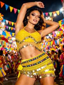 Carnival Festival Coin-Embellished Halter Crop Top With Multi-Layer Coin Hip Wrap For Parade, Rave & Themed Party (Available In Multiple Colors) - Multicolor - View 13