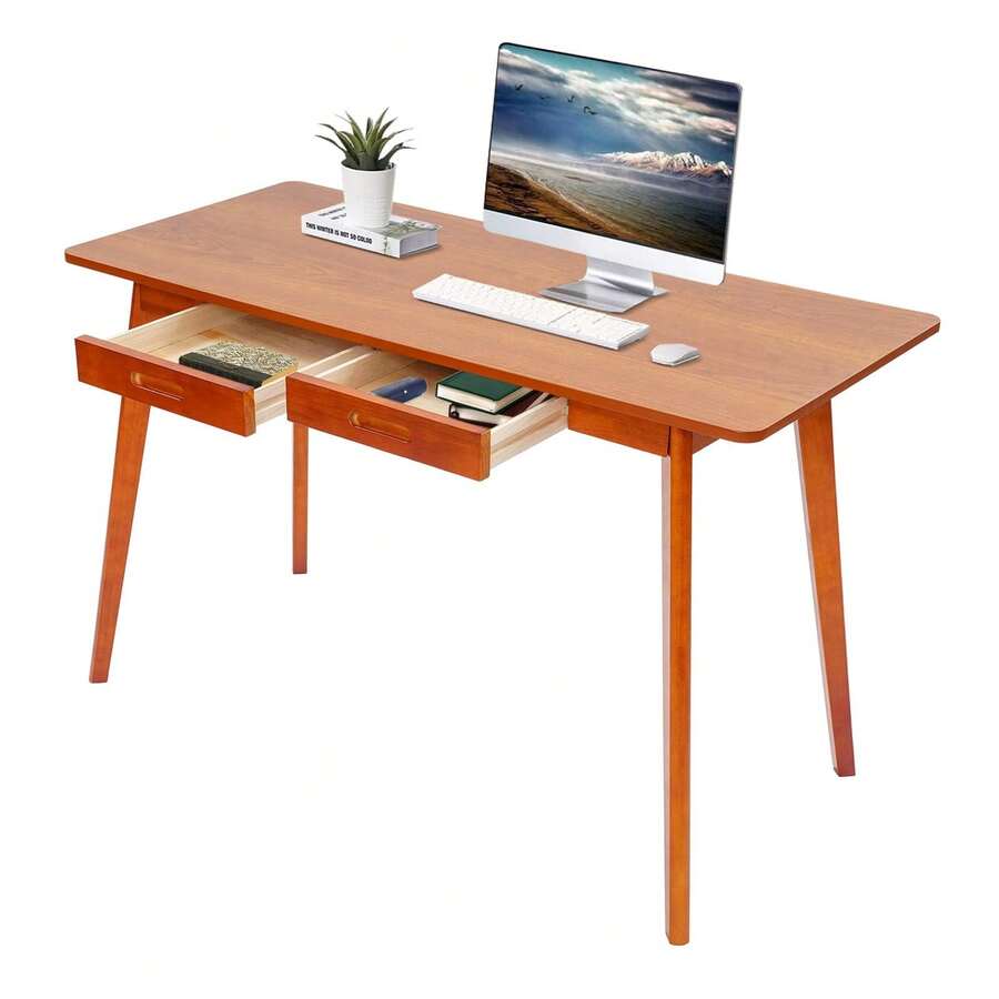 GDAE10 Holz Kleiner Schreibtisch mit Schubladen, Holz-Schreibtisch, Computertisch, Schreibtisch, Kleiner Esstisch, 120x55x74cm (Walnussfarbe) - Standard - Übersicht 1