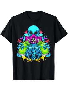 Camiseta de manga corta para hombre con estampado digital de calaveras y pintura en aerosol, 100% algodón, estilo casual, 1 pieza, 220g, ropa urbana atrevida, temática de artistas de grafiti. - Negro - Ver 7