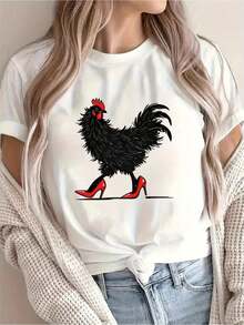 Premium Women's Casual Short Sleeve T-Shirt With Vibrant Rooster Print - Round Neck, Machine Washable Spring/Summer Regular Fit Top For Holiday & Casual Wear, Regular Size Shirts, Comfortable  Fabric - 白色 - 查看 1