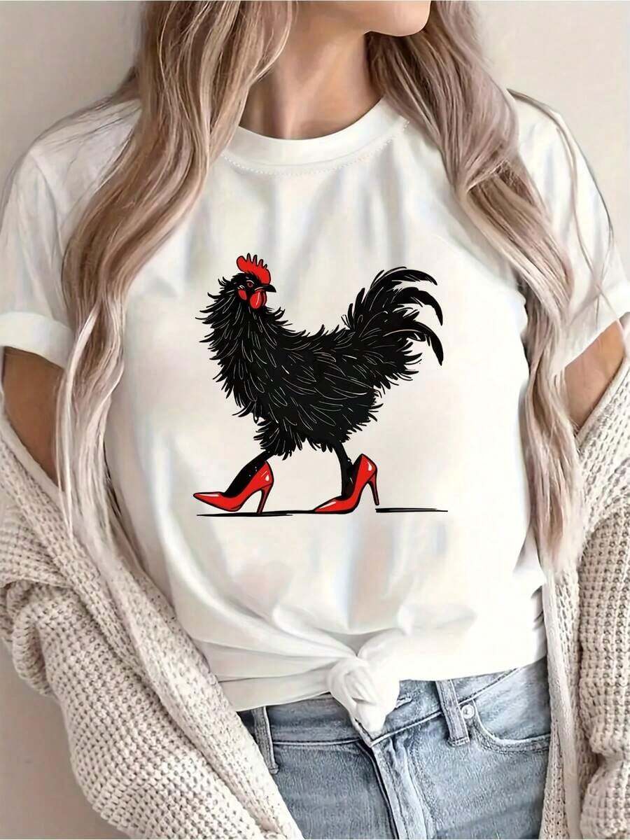 Premium Women's Casual Short Sleeve T-Shirt With Vibrant Rooster Print - Round Neck, Machine Washable Spring/Summer Regular Fit Top For Holiday & Casual Wear, Regular Size Shirts, Comfortable  Fabric - 白色 - 查看 1