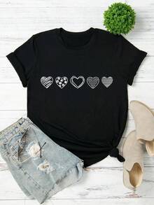 Respirable Parysyn Plus Heart Print Graphic Tee, Women Top, Summer , playeras de mujer algodon,  mujer premium - Negro - Ver 7