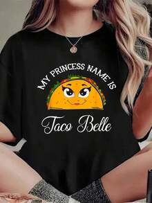 My Princess Name Is Taco Belle - T-Shirt With A Fun Cinco De Mayo Decal, Printed Tee, Casual Short Sleeve Crew Neck Top For Summer. - 黑色 - 查看 6