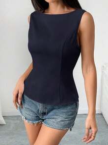 Camisa tipo camisola ajustada sin mangas con espalda abierta y lazo, unicolor.Elegante, informal, sexy y minimalista para oficina y negocio.Primavera/Verano - Azul marino - Ver 3
