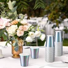 10/20/40pcs 9oz Iridescent Paper Cups Rainbow Disposable Cup For 90s Disco Birthday Party Wedding Bachelor BabyShower Mermaid Party Decorations - Silver - View 7