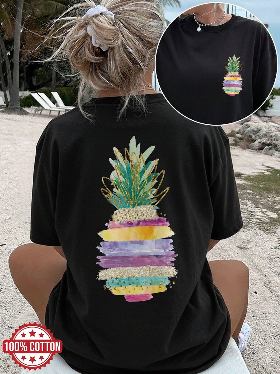 Fashionable And Personalized Y2K Women's T-Shirt, 180g Pure Cotton, Loose-Fitting Short-Sleeved Top, Urban Style Elegance, Casual And Breathable For Everyday Wear, Creative Summer Print, Outdoor Sports Gift, Bohemian Style, Pineapple, Leaves, Gold Thread. - 黑色 - 查看 1