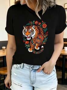 Soft Soft Women's Summer Short Sleeve T-Shirt, Eagle Print, Stylish And Casual, Machine Washable, Comfortable Fit, 2D Flat Print, Women's Blouses, Women's Tops. - 黑色2 - 查看 7