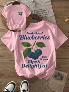 Printed T-Shirt With Green Leaf And Blueberry Design, Casual Short-Sleeved Top With Round Neck, Suitable For Daily Wear In Spring And Summer, Women's Clothing, Soft And Breathable Fabric, Printed T-Shirt, Adult Size, Fashionable Women's Clothing. - 白色 - 查看 9