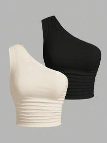 Blusa de un hombro de punto en tonos negro y beis para mujer - Albaricoque - Ver 5