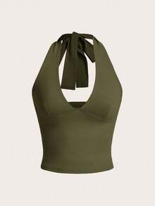 Top de tanque de vacaciones sin espalda de unicolor con cuello en V para mujeres, se puede usar como un collar colgante - Verde militar - Ver 6