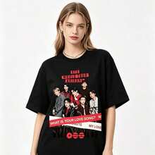 Minimalist Graphic T-Shirt With Arirang Korean Culture Symbol, Unisex, K-Pop Style, Casual Short Sleeve Streetwear, Women's T-Shirts - 黑色 - 查看 6