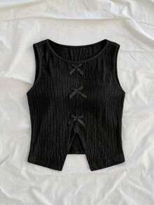 Blusa sin mangas con cuello redondo, bloque de color, lazo y abertura en la espalda, de estilo informal para mujer - Negro - Ver 4