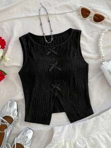 Blusa sin mangas con cuello redondo, bloque de color, lazo y abertura en la espalda, de estilo informal para mujer - Negro - Ver 7