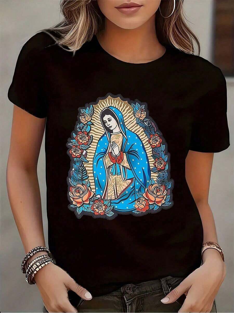 Women's Short-Sleeved T-Shirt With A Round Neck And A Religious Print Of The Virgin Mary, Ideal For Everyday Wear And Religious Occasions. Comfortable Fabric, Suitable For Gifting. - 黑色 - 查看 1