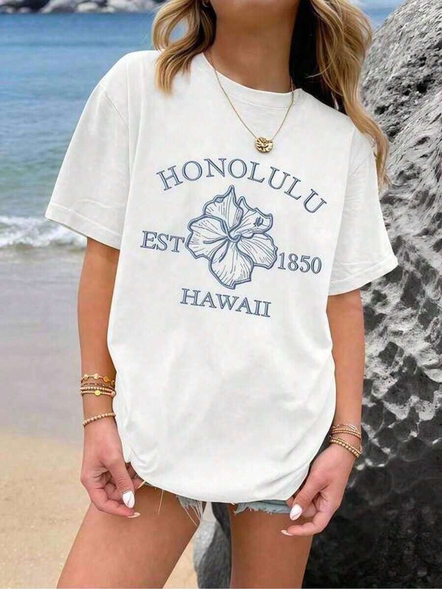 Women's Honolulu Hibiscus Print White T-Shirt, Casual Crew Neck, Lightweight 220gsm Knit, Machine Washable, Spring/Summer/Autumn, Thanksgiving, Christmas, Valentine's Day T-Shirt - 白色 - 查看 1