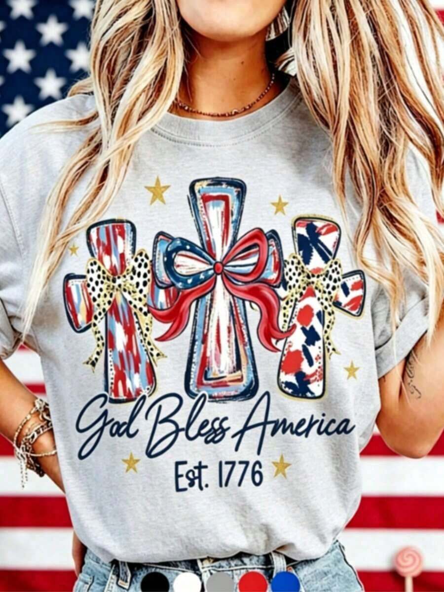 Graphic Tees For The Celebration Of America's 250th Anniversary, Crew Neck T-Shirt, T-Shirt With The Phrase "God Bless America", Gift T-Shirt For The 250th Anniversary Of The USA, Unisex T-Shirt For Independence Day, July 4th, Casual Style, Crew Neck, Regular Fit, 100% Cotton, T-Shirt With 1776 Design, Commemorative T-Shirt For Patriotic Independence Day. - 灰色 - 查看 1