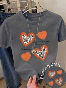Camiseta Casual de Manga Corta con Cuello Redondo para Mujer, con Estampado Gráfico de Corazones de Guepardo para un Look Adorable WF9K - Verde - Ver 12