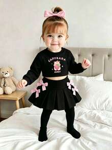 Baby Girl Cartoon Print Long Sleeve Top And Ribbon Bow Decorated Skirt Set - Black - View 1