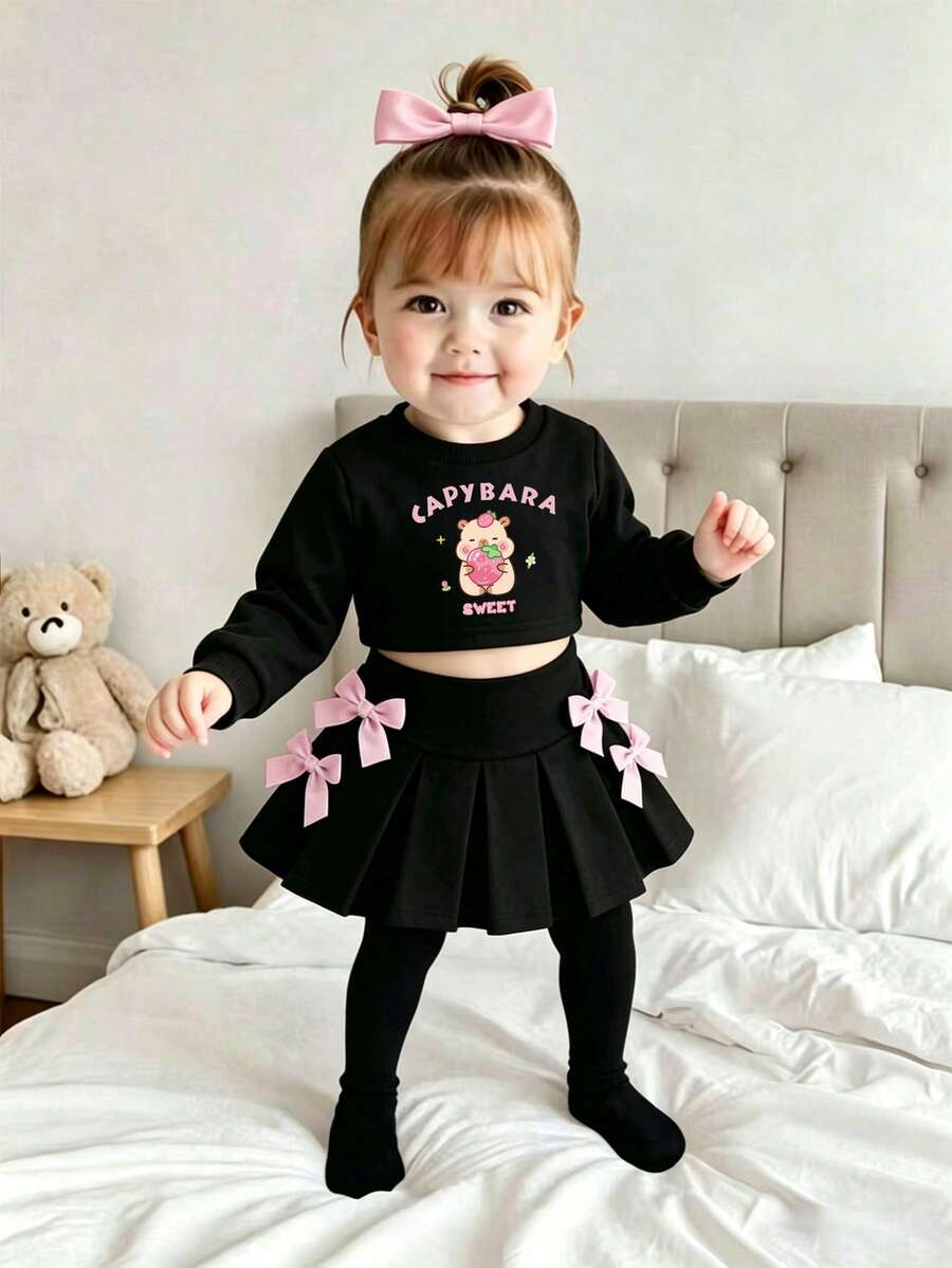 Baby Girl Cartoon Print Long Sleeve Top And Ribbon Bow Decorated Skirt Set - Black - View 1