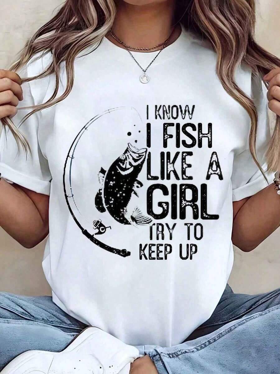 Women's Casual T-Shirt With 'Fish Like A Girl Try To Keep Up' Print, Round Neck, Summer Casual Wear, Gift, 220g, Long Sleeve - 白色 - 查看 1