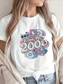 Heavy-Duty Polyester Short-Sleeved T-Shirt With A Vintage "I Love The 2000s" Design, Suitable For Casual Wear, Parties, Lounging At Home, Or Dining Out. Lightweight, Durable, Comfortable, And Form-Fitting For Everyday Wear. A Hit! - 白色 - 查看 1
