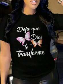 Women's Short-Sleeved T-Shirt, 100% Cotton, With Butterfly Print And Spanish Text. Casual Style For Church, Soft And Stretchy Fabric, Round Neck, Machine Washable, Comfortable Style For All Four Seasons, Suitable For Spanish Students And Bible Study, Sporty And Smart Style, With The Spanish Phrase "DEJAME QUIÉ DIOS To TRANSFORME" (Let Me Be Transformed By God) And Butterfly Design. Loose And Comfortable Set For Spring And Summer. Leisure - 黑色 - 查看 7