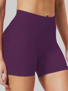 Pantalones cortos de yoga sin costuras de cintura alta para mujer - Levantamiento de glúteos elástico, adecuado para correr, fitness y actividades al aire libre| Apariencia de moda| Tela elástica de verano - Ciruela intensa - Ver 7