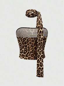 ROMWE Goth Top corto acanalado con estampado de leopardo de estilo Y2K que cubre todo el Body - Marrón 2 - Ver 2