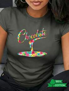 1 Women's T-Shirt With Round Neck, Letter And Anime Print, Simple Design, Comfortable And Breathable, Suitable For Daily Casual Wear, Showing A Refreshing Summer Style, A Must-Have For Parties, Local Shipping, Text And Flower Print, 180g 100% Cotton. - 黑色 - 查看 8