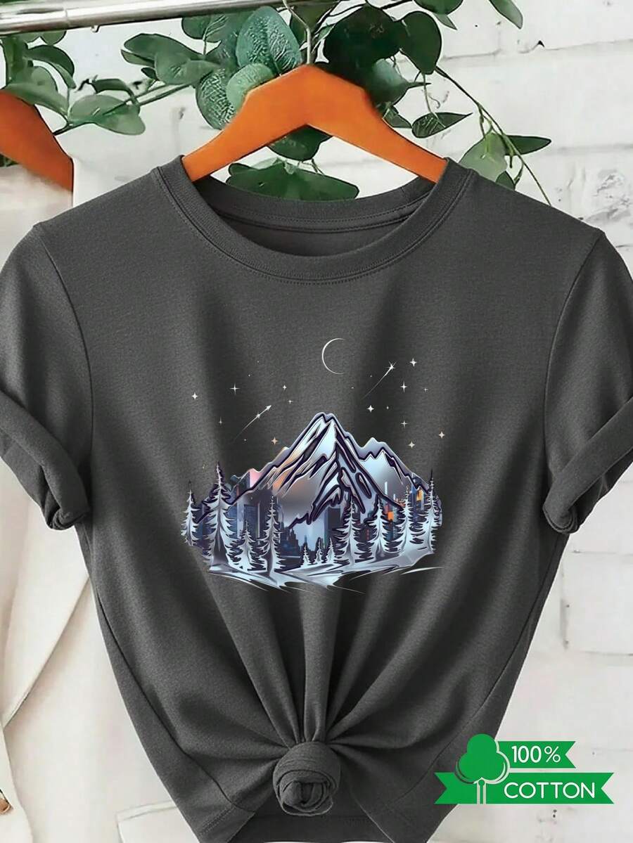 Women's Crew Neck T-Shirt With Anime Letter Print, Simple Design, Comfortable And Breathable, Ideal For Casual And Versatile Daily Wear, Showcasing A Natural And Elegant Style, A Must-Have For Summer Parties, Local Shipping - 深灰色 - 查看 1