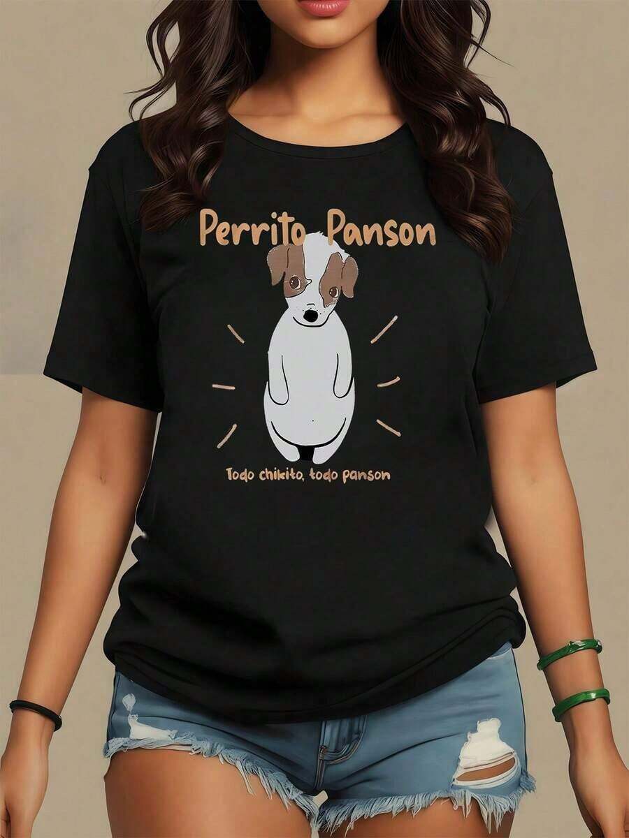 Puppy That Exudes Tenderness And Joy With Its Round Body And Friendly Expression For Dog Lovers. Women's Casual, Fun, Comfortable, And Modern T-Shirt - Vintage Street Style Unisex Loose Cotton Short Sleeve Crew Neck Shirt - 黑色 - 查看 1