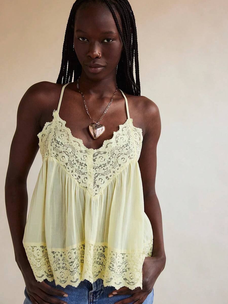 Women Camisoles Lace Spaghetti Strap Casual Tank Tops Summer Fashion Sleeveless Tops Streetwear - Amarillo - Ver 1