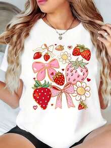 Women's Strawberry Bow Print T-Shirt, Summer Casual Wear, Sports Day Outfit, USA Independence Day Celebration For Moms. - 白色 - 查看 7