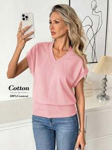 Camiseta casual de mujer de unicolor con cuello en V, mangas cortas tipo murciélago, para usar con vaqueros - Rosa Pálido - Ver 2