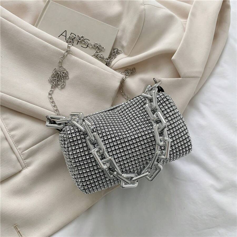 Petit sac pour femme printemps/été 2026, nouveau sac tendance personnalisé, sac coussin coloré orné de diamants, sac à bandoulière à chaîne, sac bandoulière personnalisé. - Argent - Voir 1