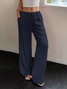 [Free Shipping]Women's Casual Plain Slant Pockets Textured Long Pants Fall Cloth For Women - Navy Blue - View 5