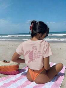 Short-Sleeved T-Shirt With A Round Neck And Slogan Print, Casual And Relaxed Fit For Women, Ideal For Summer, Vacations, And Everyday Wear. Women's T-Shirt. Pink - 粉色 - 查看 7