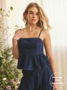 Conjunto de verano para mujer con top casual de tela de mezclilla suave, con tirantes de espagueti, bajo con volantes, ajustado al busto y silueta fluida - Azul lavado oscuro - Ver 4