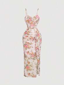Vestido midi con estampado floral vintage y fruncido con abertura para mujer, vestidos beige, vestido de hadas, vestido formal, Vestido de Nochevieja, Vestido de Año Nuevo, Vestido de fiesta de Año Nuevo, Vestido de vacaciones, Ropa de Año Nuevo - Rosa Pálido - Ver 1