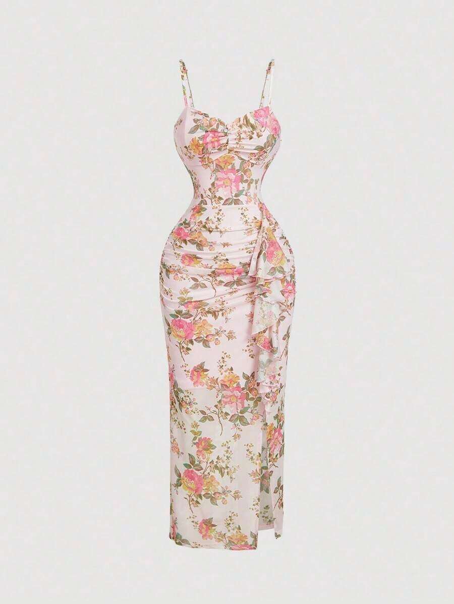 Vestido midi con estampado floral vintage y fruncido con abertura para mujer, vestidos beige, vestido de hadas, vestido formal, Vestido de Nochevieja, Vestido de Año Nuevo, Vestido de fiesta de Año Nuevo, Vestido de vacaciones, Ropa de Año Nuevo - Rosa Pálido - Ver 1