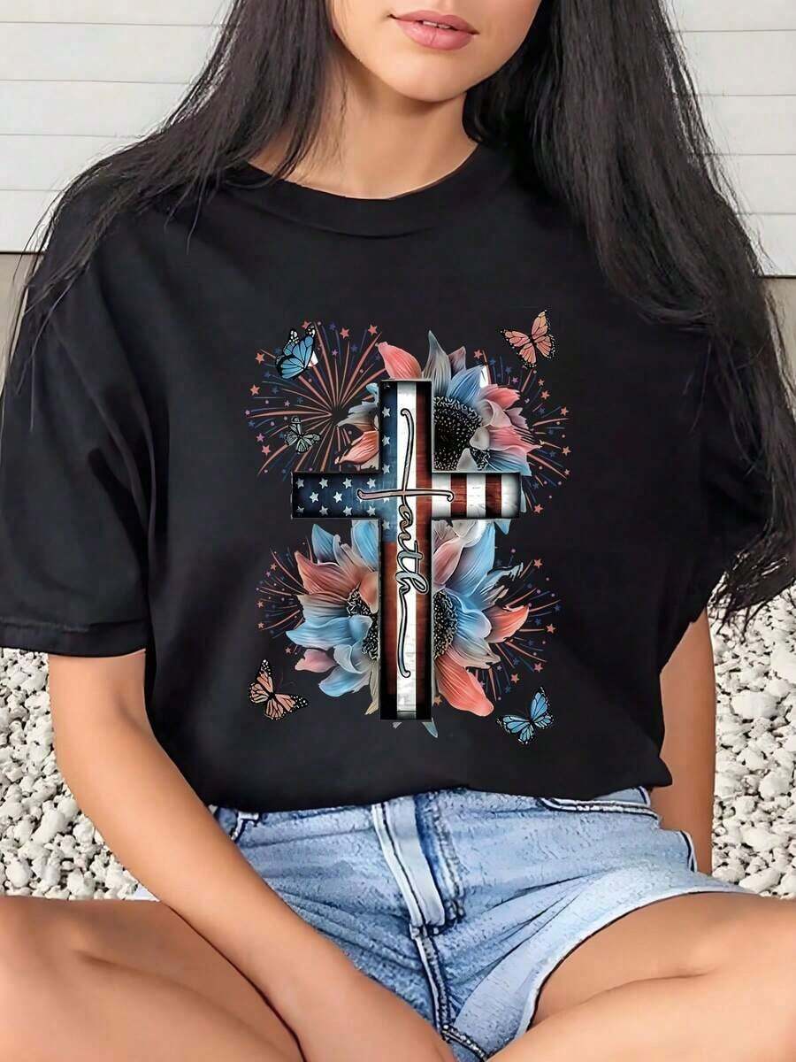 1 Piece Women's T-Shirt With Cross, American Flag And Flower Print, Casual For Everyday Wear, Round Neck, Short Sleeve, Soft And Comfortable, 220g/180g 100% Cotton - 黑色 - 查看 1