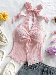 Camiseta sin tirantes sexy y con estilo, con nudo, bajo con abertura y espalda abierta - Rosa - Ver 6
