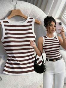 Top de tirantes ajustado y acanalado elegante para mujer, en negro y blanco acanalado, adecuado para uso diario en primavera/verano - Marrón - Ver 1