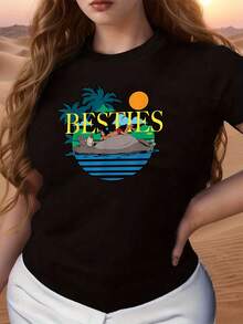Radiant Sun And Palm Trees Symbolizing Friendship And Rest Under The Tropical Sky, Evoking Joy And Unity On Bright Days. Women's T-Shirt With A Comfortable Fit, Colorful Graphic, And Soft, Casual, And Modern Fabric. - 黑色 - 查看 6